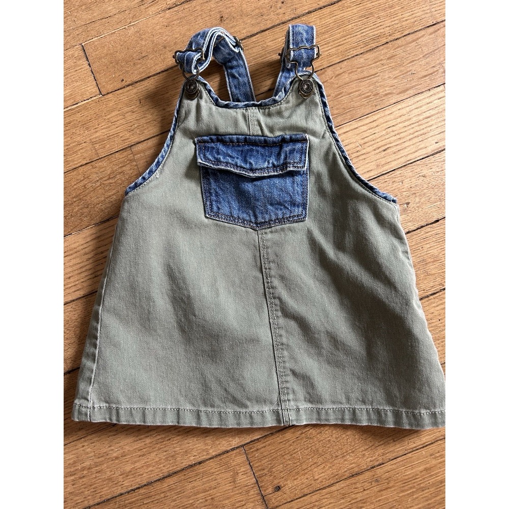 Zara Girls Denim Overall Dress Olive Blue 12-18 Months Toddler Button Front